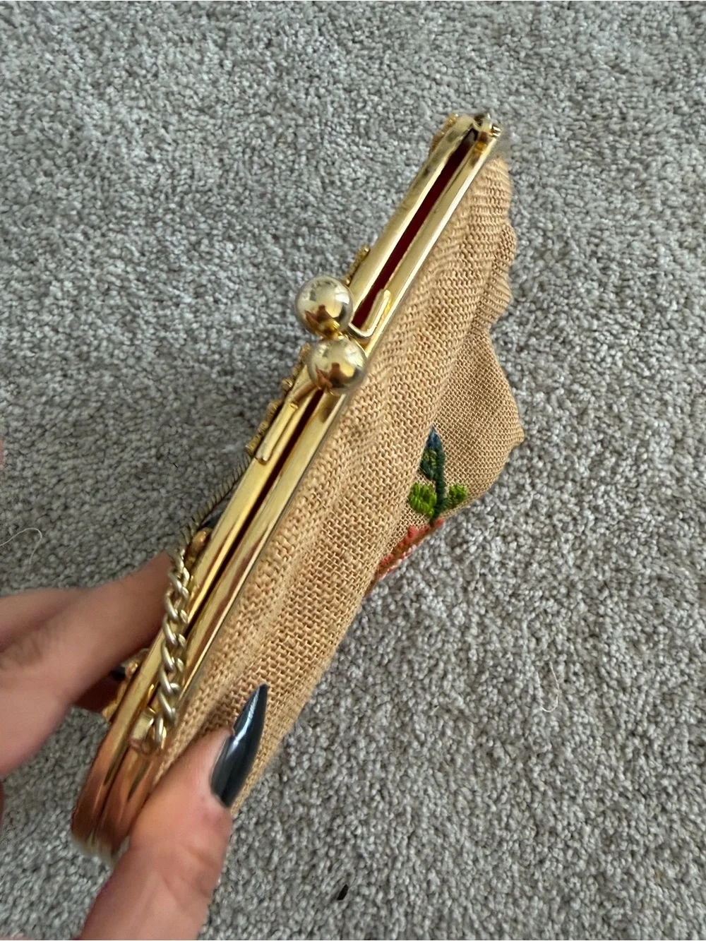 Vintage Embroidered Floral Beaded Clutch in Tan and Multicolor